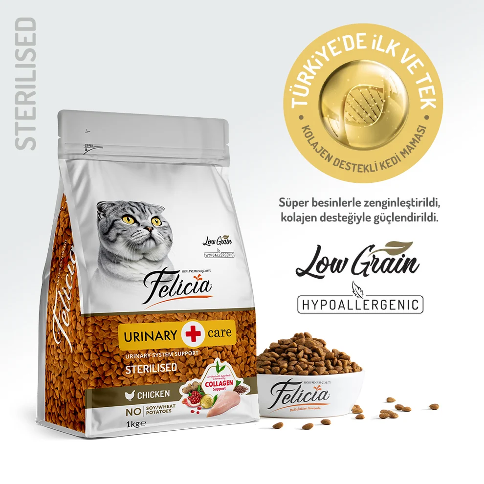 Felicia Kolajen Destekli Hipoalerjenik Tavuklu Kısırlaştırılmış Yetişkin Kedi Kuru Maması 1kg